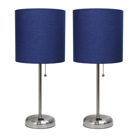 DIAMOND SPARKLE Brushed Steel Stick Table Lamp with Charging Outlet & Fabric Shade, Navy - Set of 2 DI2519783